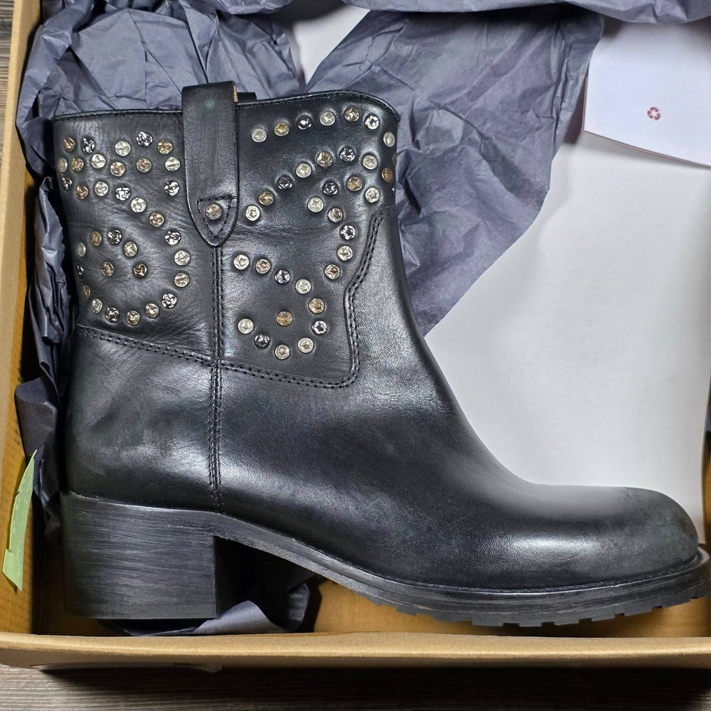 Womens‎ Studded Ankle Boots Black Leather Block Heel Western Motorcycle Booties